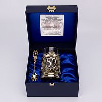 Набор для чая "С юбилеем-50 лет" (стакан-хрусталь с золотым ободком, деревянный футляр, ложка- латунь)